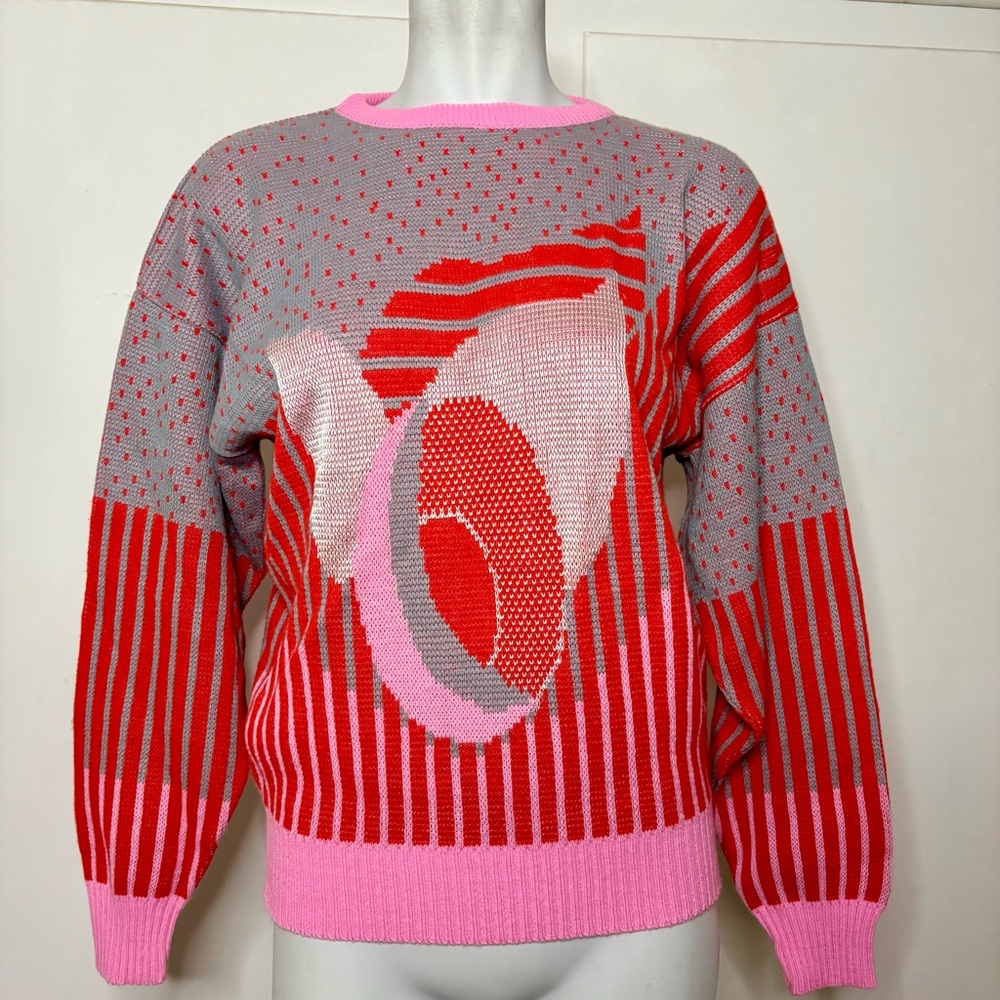 Vintage 80s Funky Futuristic Red Pink Gray Crewneck Knit Sweater